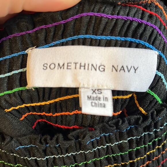 SOMETHING NAVY Rainbow Smocked Linen Blend Jumpsuit Puff Sleeve Size XS - Picture 7 of 9